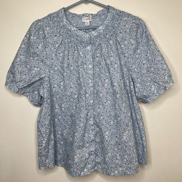 J. Crew Blouse Women’s  XXL Blue White Floral Print Puff Sleeve Button Up - Picture 1 of 8